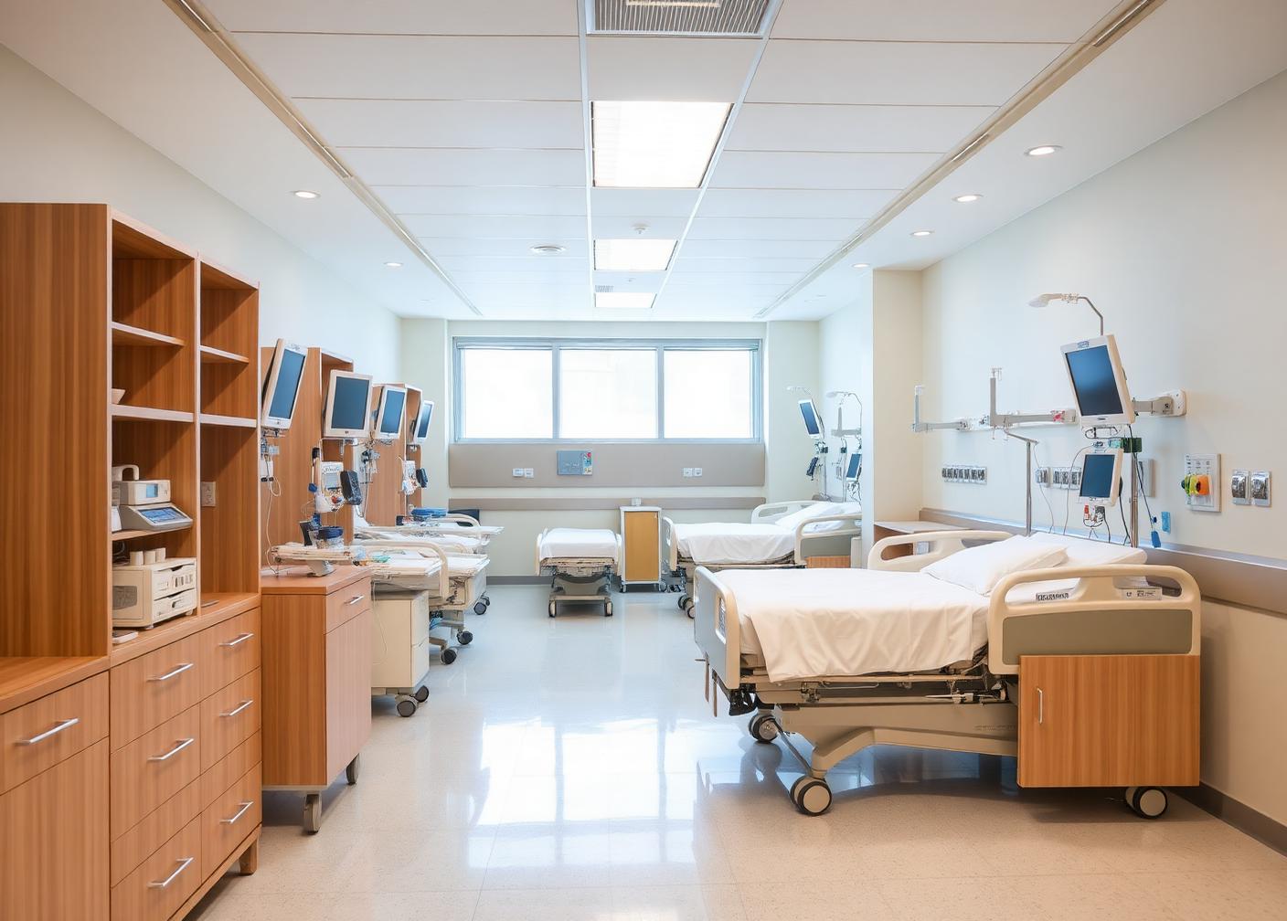 Modern hospital ward with hospital beds, bedside cabinets and patient monitors
